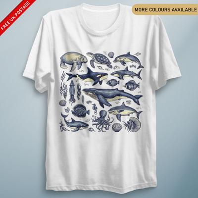 Marine Creatures Sea Life TShirt Dolphin Whale Ocean Animal Lover Tee