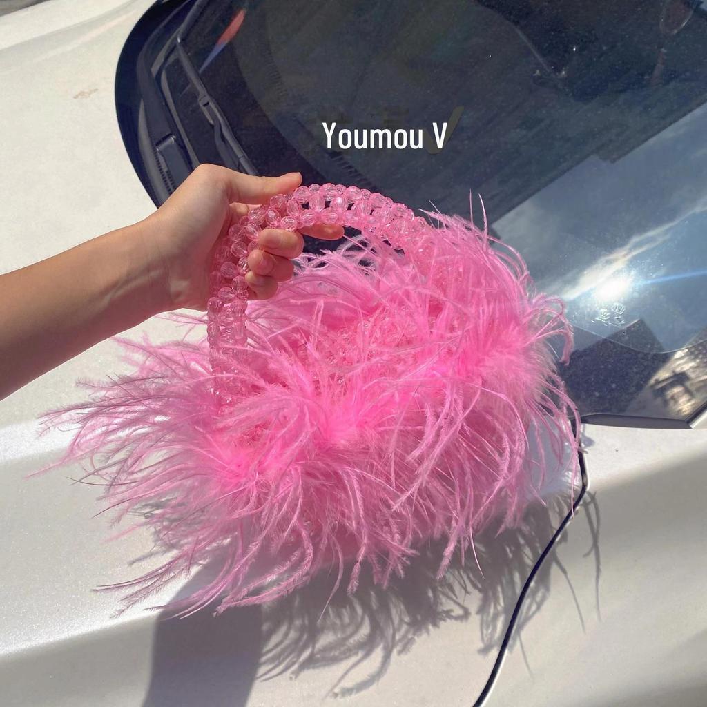 Luxury Candy-Colored Ostrich Feather Beaded Handbag