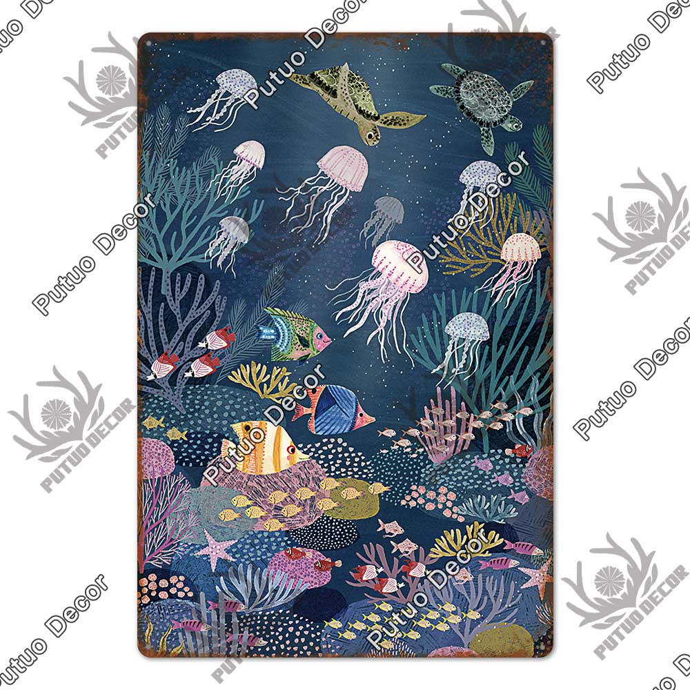 

Декор Морские животные Жестяная вывеска Винтажная табличка Металлическая стена Ретро-плакаты для пляжного бара Дома Декоративное искусство Железная живопись 7.8x11.8inch