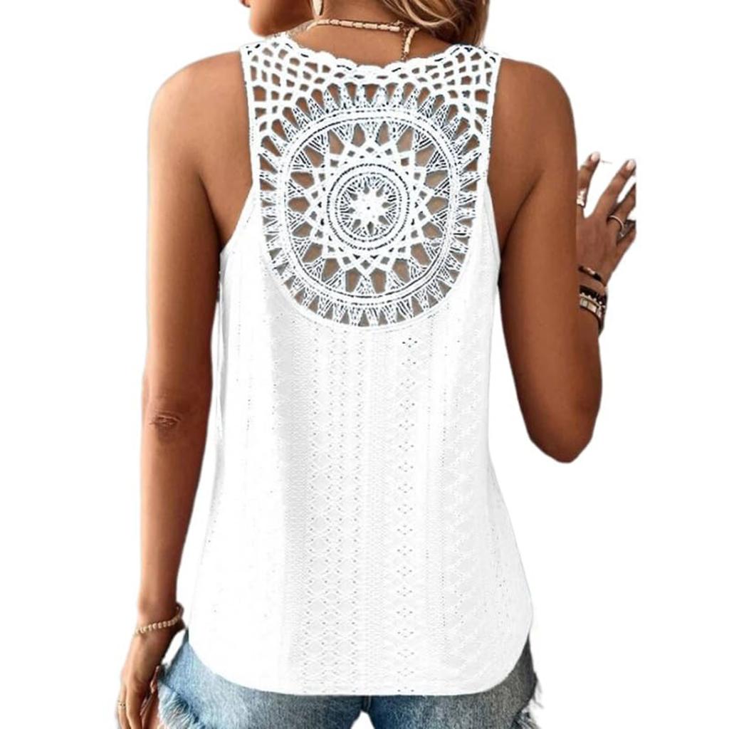 Women's Fashion Casual Colour Sleeveless Back Hollow Out Lace T-Shirt Top