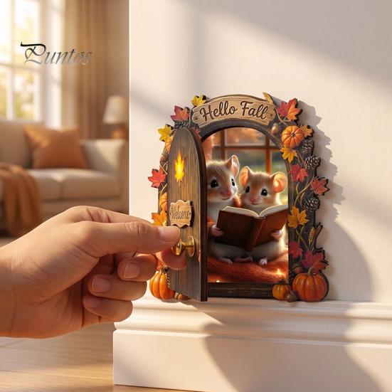 Decorative Baseboard Elf Door Wooden Halloween Decor, 2D Fairy Mouse Miniature Wall Autumn Theme Tale Ornaments Hanging, Rustic Shelf Ornament