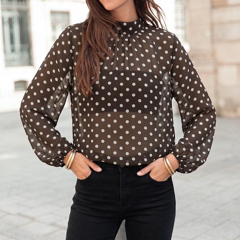 Light and Mature Style Blouse, New Autumn Style, See-through, Retro Polka Dot, Chiffon Long-sleeved Shirt for Women