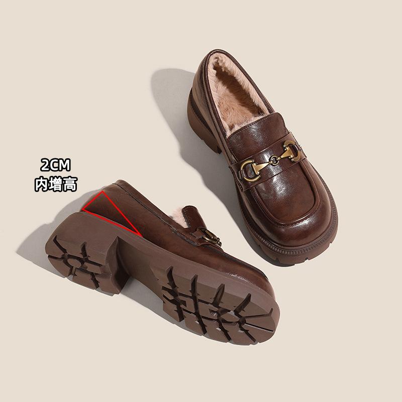 Winter velvet small leather shoes women's new leather thick-soled inner heightening loafer fluffy shoes small size 333