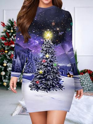 Novo Vestido Feminino Justo Outono e Inverno 2025, Estampagem e Tingimento de Natal 3D Moda Feminina Vestido Sexy Justo de Manga Comprida e Gola Redonda