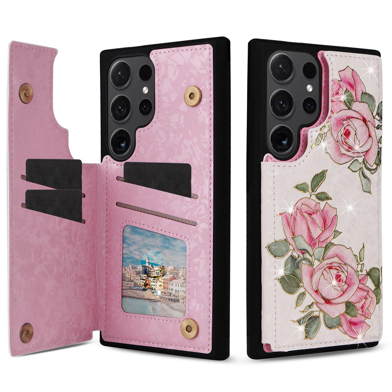 

For Samsung Galaxy S24 Ultra Case PU Leather+TPU Flower Pattern Phone Cover with Dual Magnetic Clasp Rose Flower