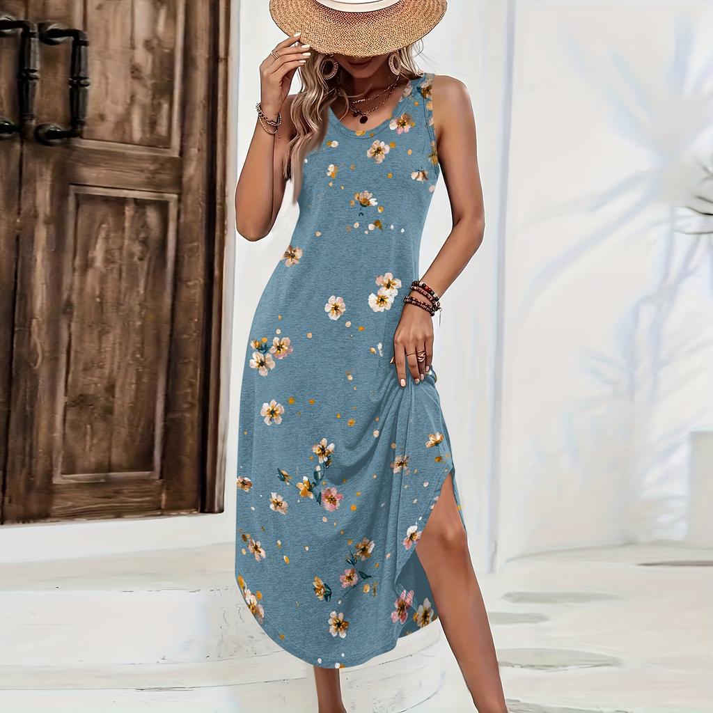 Women Sleeveless Floral Print Maxi Dress Casual Loose Fit Long Summer Dress Side Slit Bohemian Style Sundress for Daily Wear