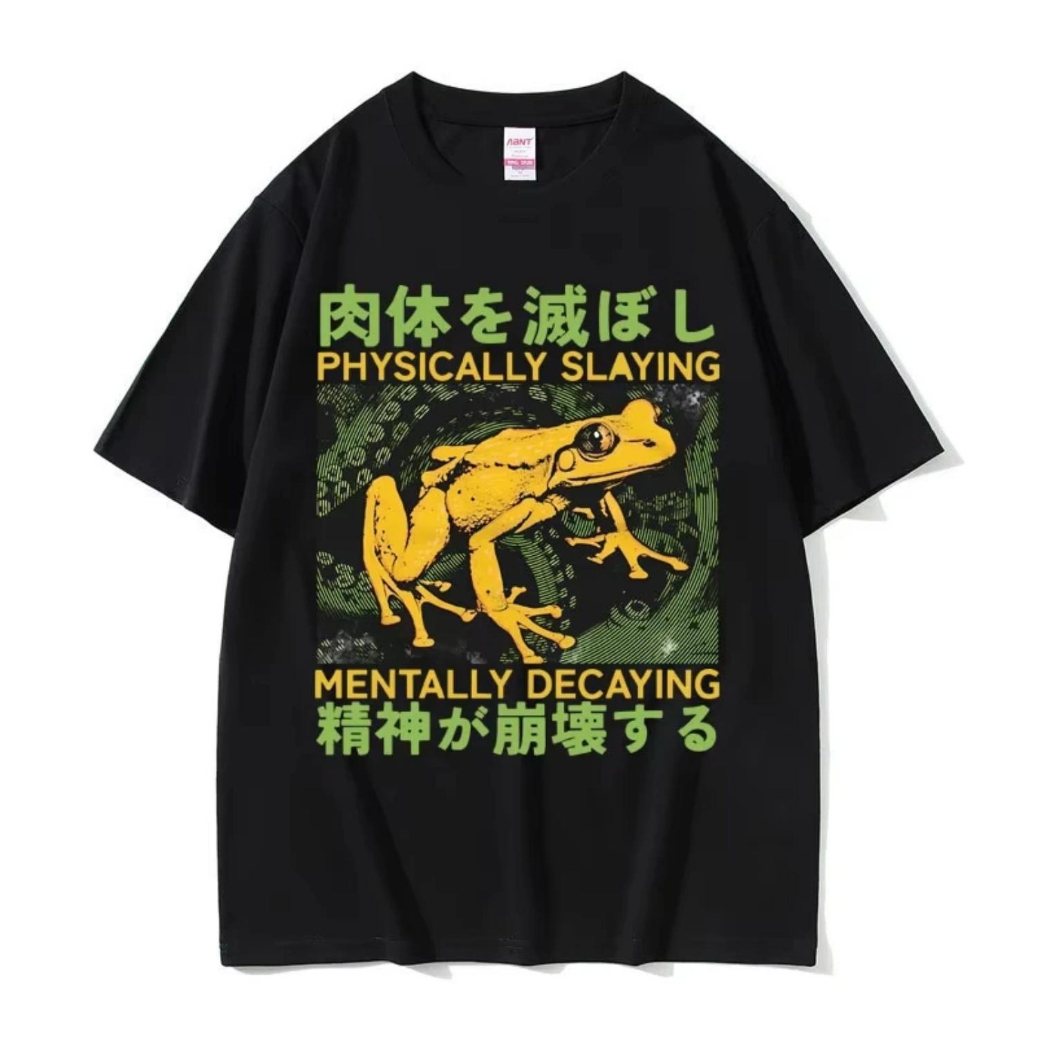 

Physically Slaying Mentally Decaying T Shirt Funny Japanese Style Frog Meme Tshirt Men Summer Print Frogs Casual O-collar Tshirt S разноцветный