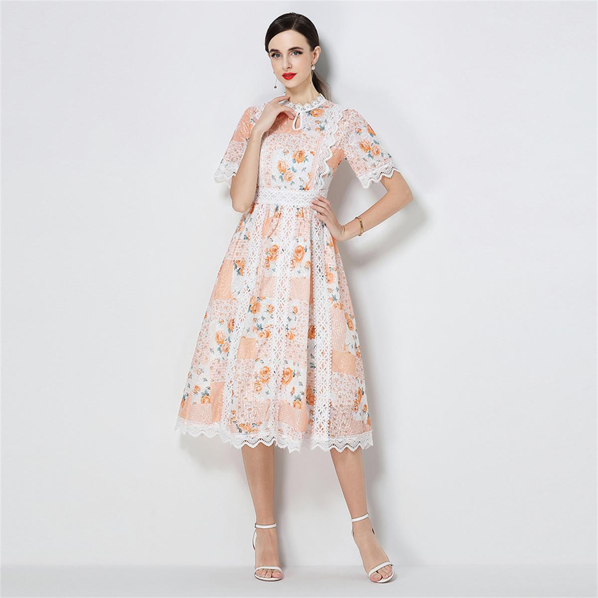 

Elegant Summer Flower Print Long Dresses Women Short Sleeve Hollow Out Formal Evening Lace Dress Sweet Party Dress XXL жовтий