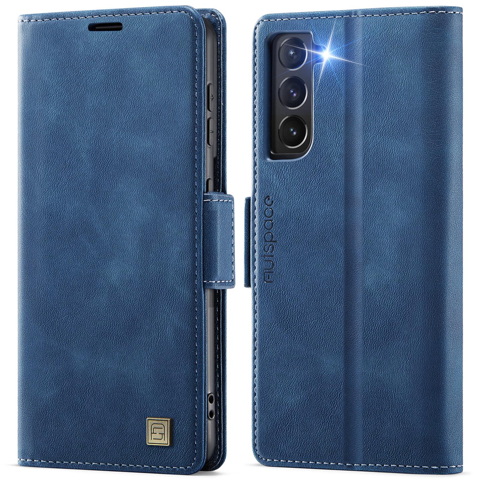 

For Samsung Galaxy S22 5G Case AUTSPACE A11 RFID Blocking Retro Leather Cell Phone Wallet Cover Blue