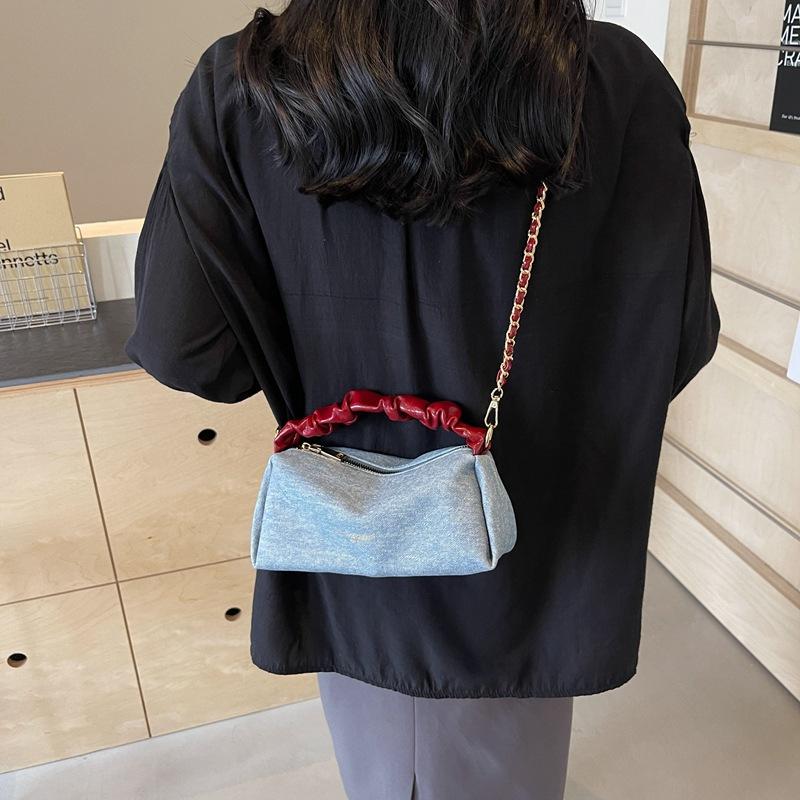 Denim bag women's summer new fashion niche design chain messenger bag pleated portable baguette bag