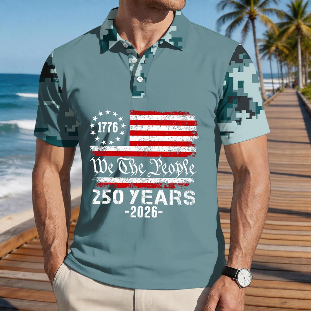Men's Loose Fit Casual Polo Shirt Short Sleeve Printed Flag Graphic Button Collar Comfortable Summer Top