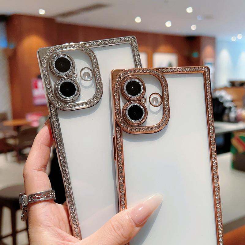Glitter Diamond Frame Clear TPU Phone Case For iPhone 16 Pro 15 Pro Max 14 13 Transparent Shockproof Soft Bumper Cover