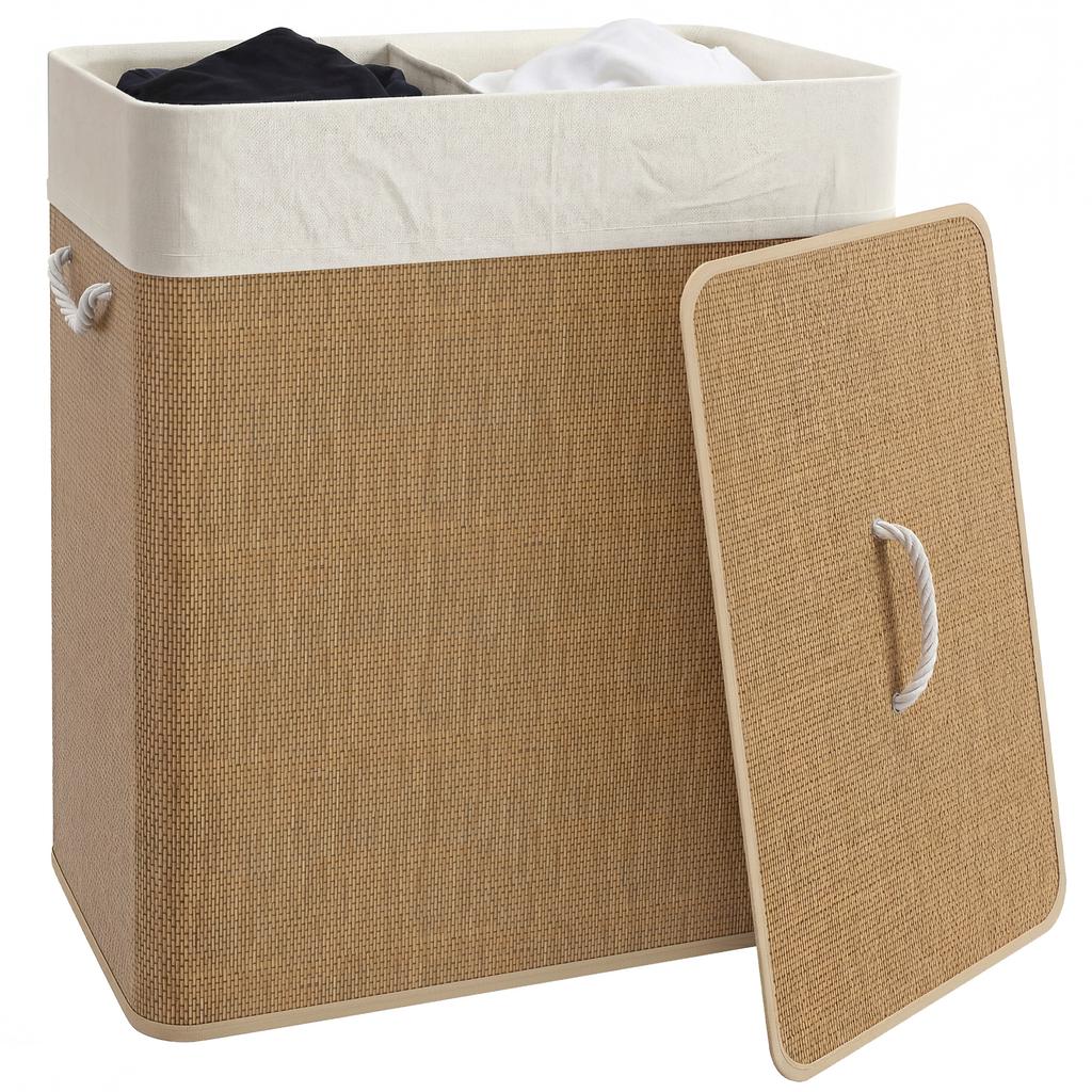 2 Section Laundry Basket with Lid, 100L Bamboo Laundry Hamper with Handles, Removable and Washable Liner, Brown