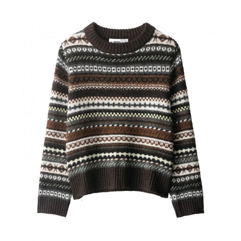 Womens Street Style Knit Sweater With Jacquard Round Neck Long Sleeve Fall 2025