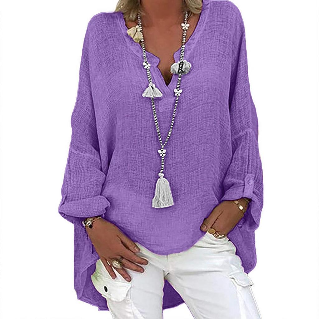 Plus Size V-Neck Cotton Linen Shirt - Solid Color Loose Fit for Spring & Autumn