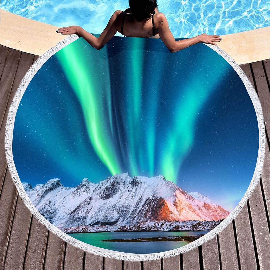 Northern Lights Printed Round Beach Towel,Polyester Sand Resistant Beach Towels,Soft Absorbent Quick Dry Pool Towel Picnic Mat