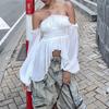Frühling neue sexy one-shoulder plissierter Rüschenrand figurbetont Laternenärmel langes Ärmel Hals Oberteil Damen