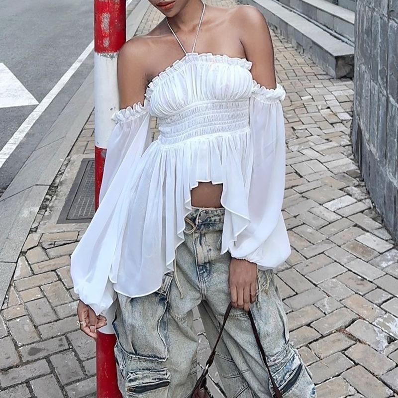Frühling neue sexy one-shoulder plissierter Rüschenrand figurbetont Laternenärmel langes Ärmel Hals Oberteil Damen