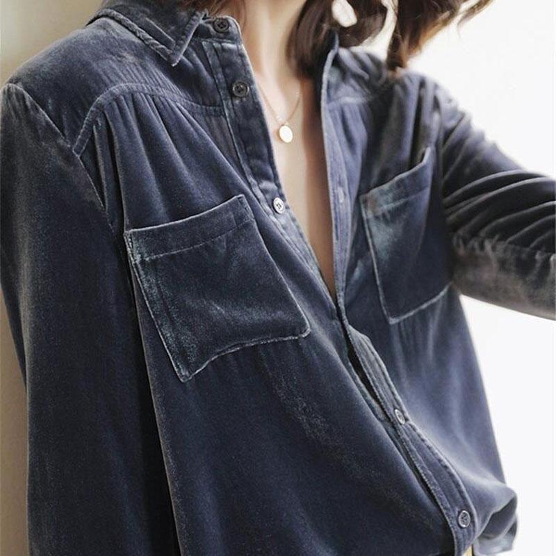 Office Lady Solid Color Polo-Neck Button Blouse Autumn Winter Korean All-match Pockets Spliced Golden Velvet Chic Shirt Women