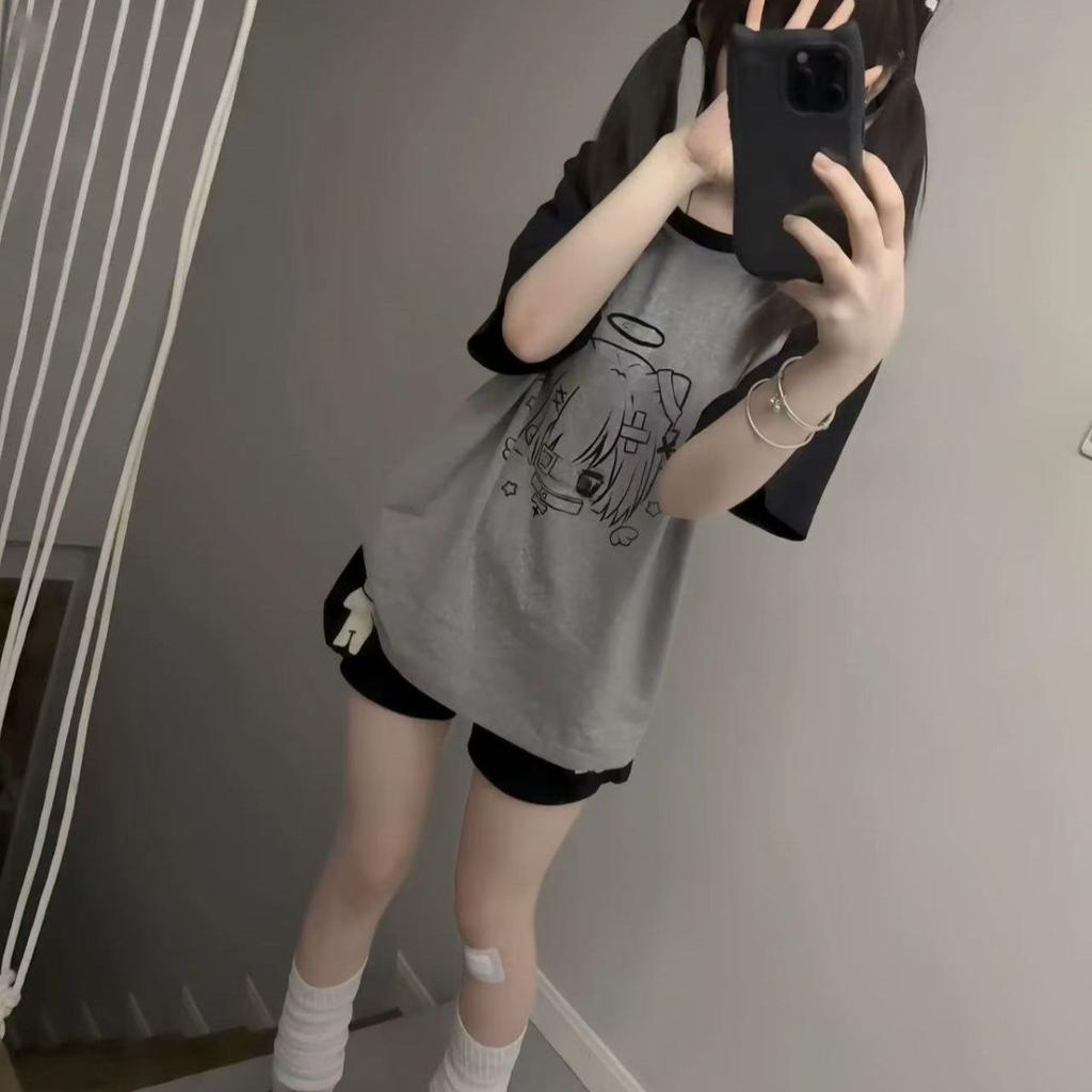 Girls Y2K Tops Cartoon Black Grey Loose T-shirts For Women Casual Tees Long Round Neck Simple Female T-shirts Workout Street Wear Women's T-shirts