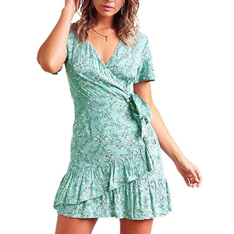 Summer V-neck Printed Short-sleeved Skirt, Lace-up Ruffled Dress, Fashionable, Sexy, Elegant and Generous Ladies Long Skirt