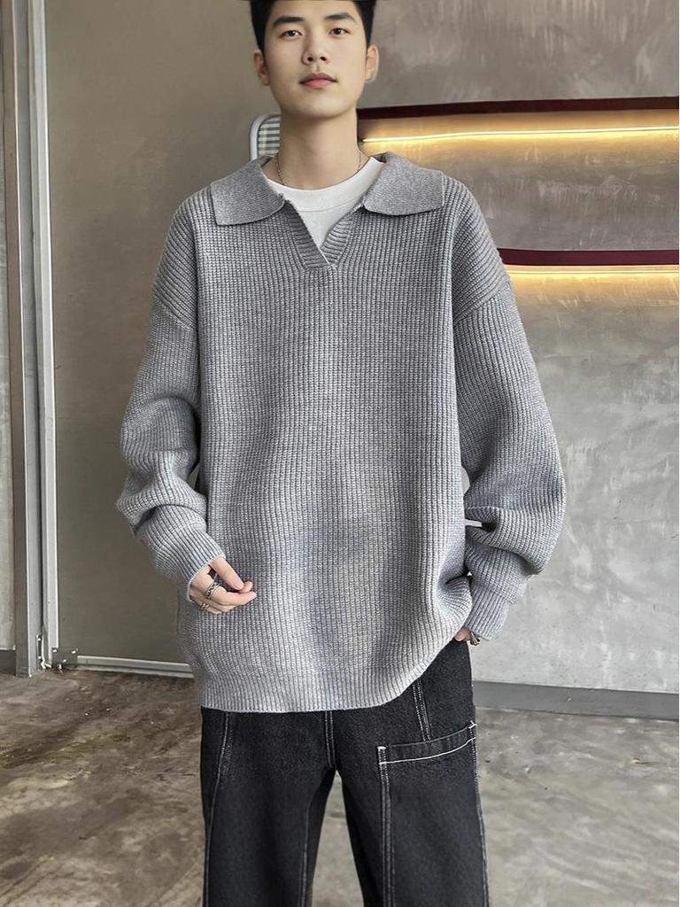 Men's Winter American Style Black Knit Polo Sweater