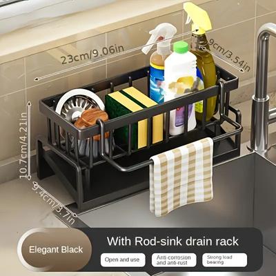 1pc Elegant Kitchen Sink Caddy Organizer with Drain Rack, AntiCorrosion Sponge Holder, Towel Bar,  Storage Shelf for Bathroom and Kitchen Organization