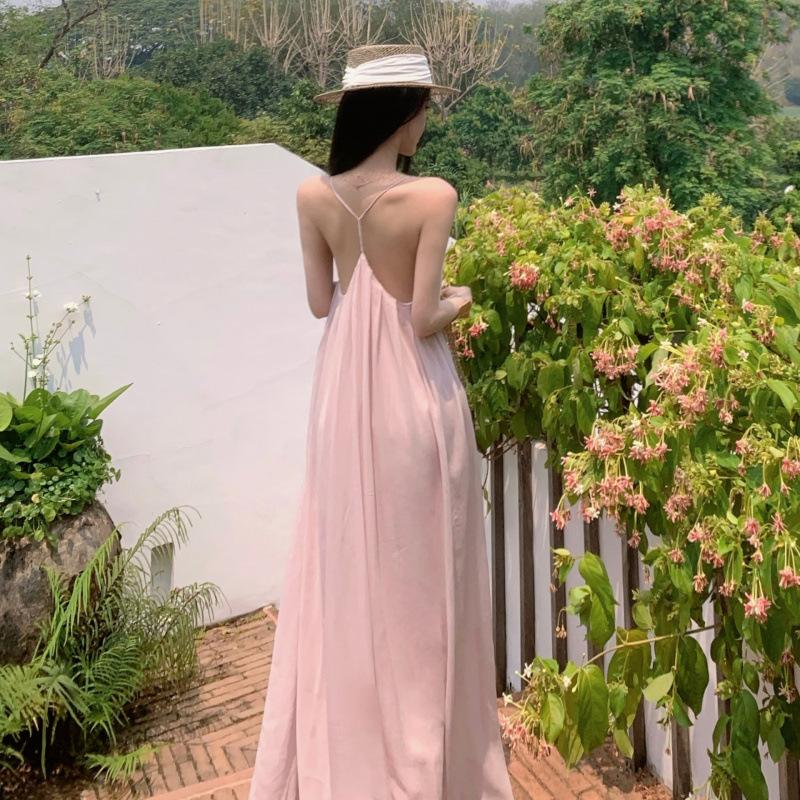 Premium Vacation Style Apricot V-neck Neck Suspender Dress Women's Summer Irregular Design Halter Dress