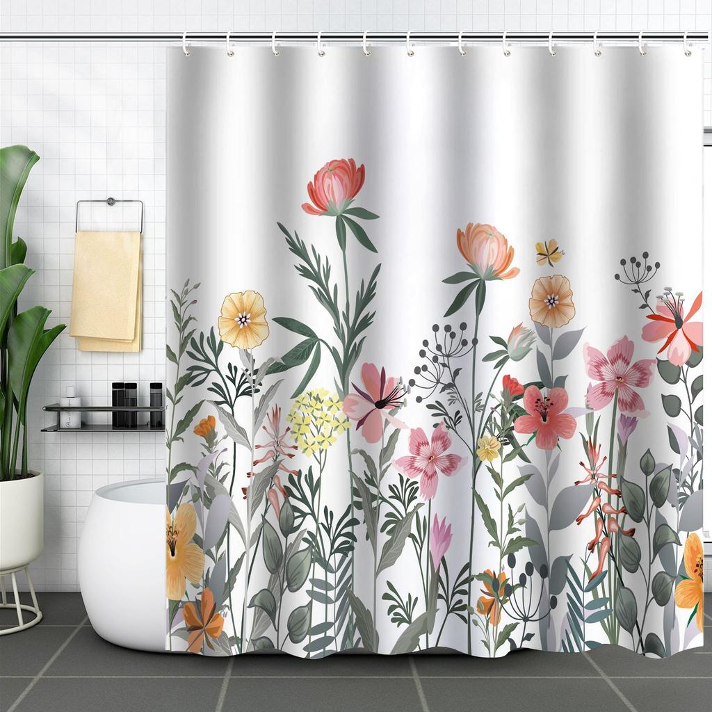 Green Plant Waterproof and Mildew-proof Polyester Bathroom Shower Curtain Shower Curtain Partition Curtain Free of Punching
