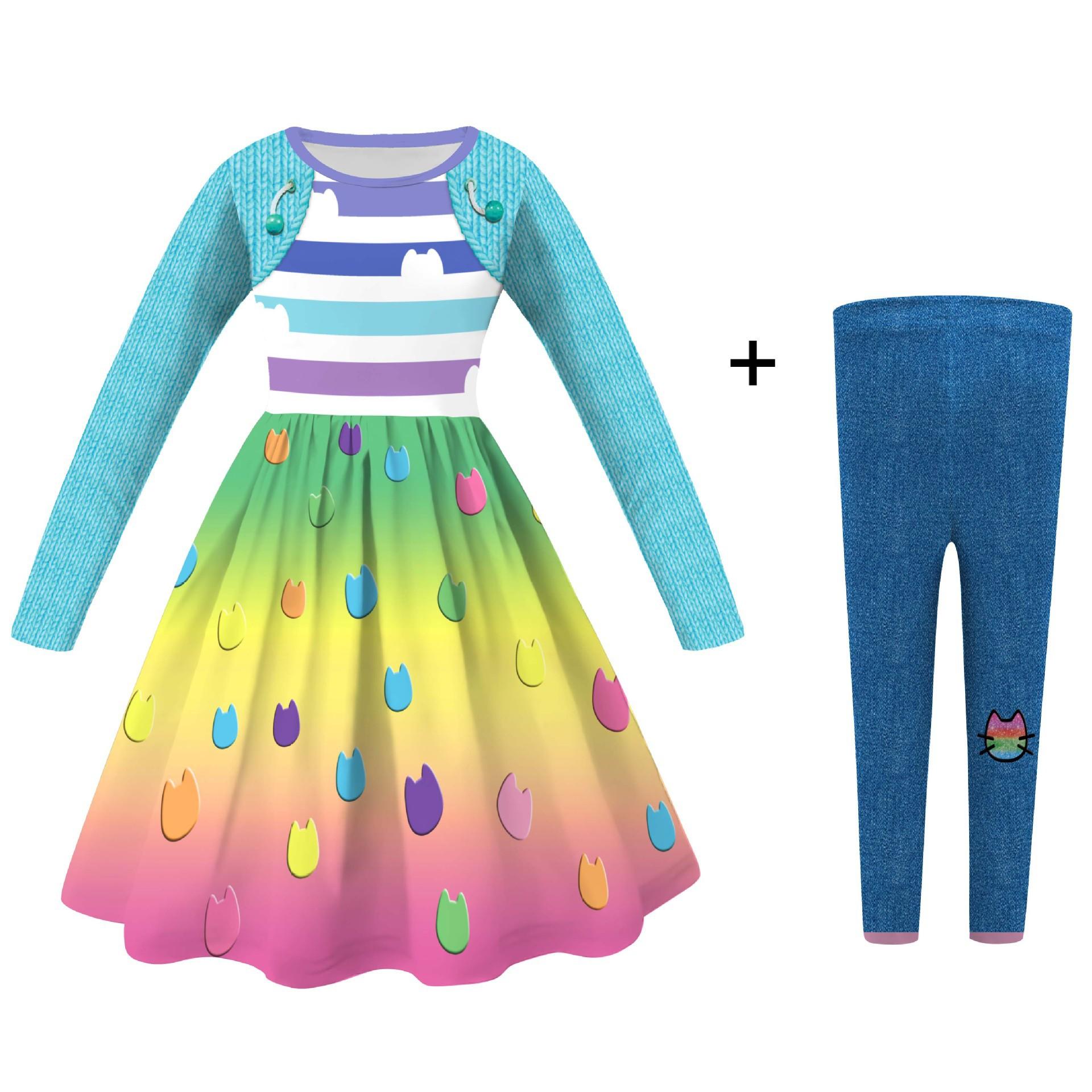 Kinderen Gabbys Poppenhuis Cartoon Cosplay Kleding Gabby Kat Meisjes Prinsessen Jurken +Broeken Halloween Feest Verjaardag Cosplay Kostuum 110 blue