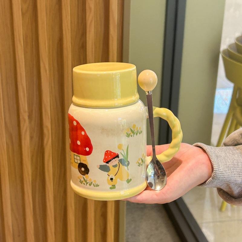 Cute retro kettle high value boys and girls ceramic mug with lid large capacity water cup birthday gift practical