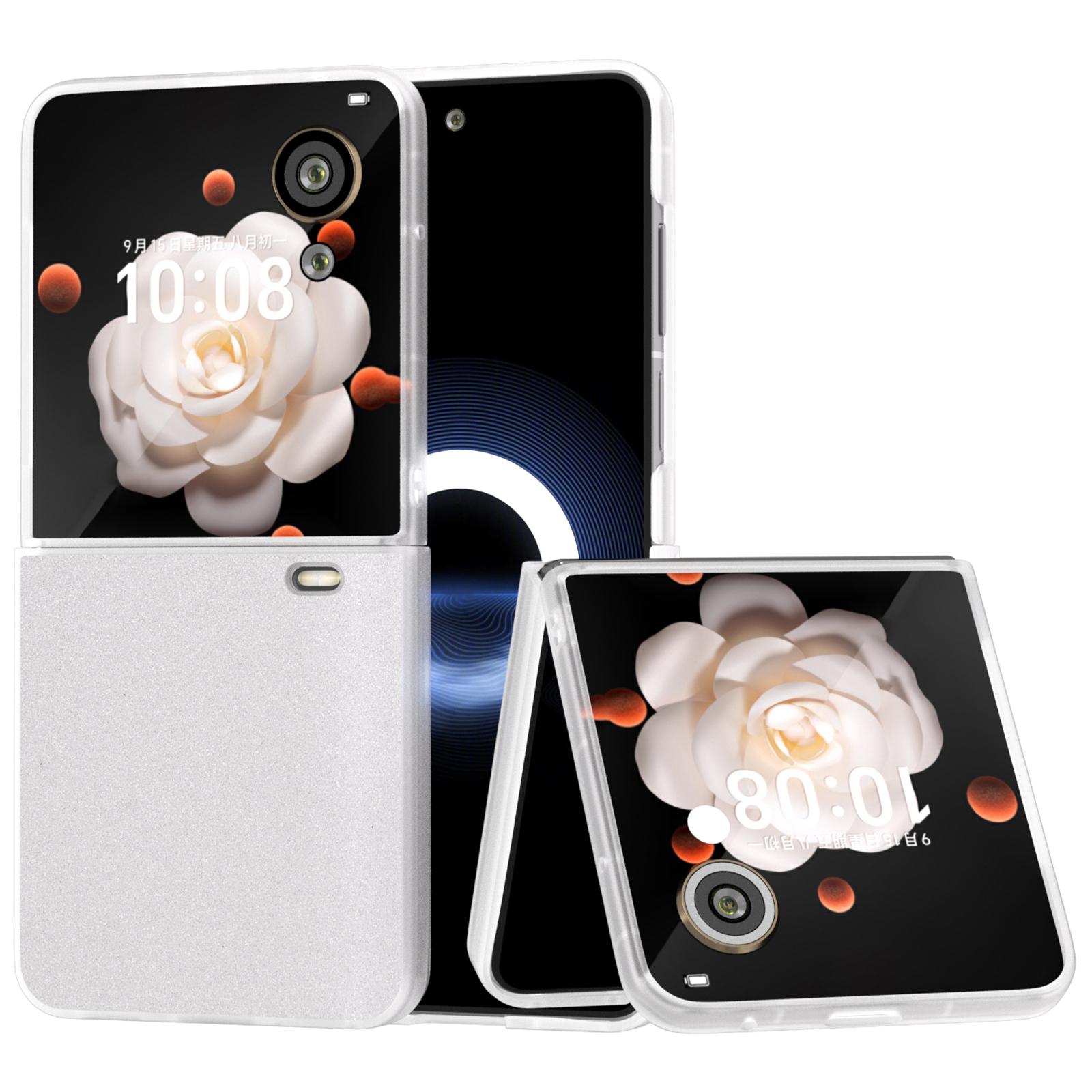 

For Honor Magic V Flip 5G Case Matte Frame PU Leather+PC Glitter Phone Cover White