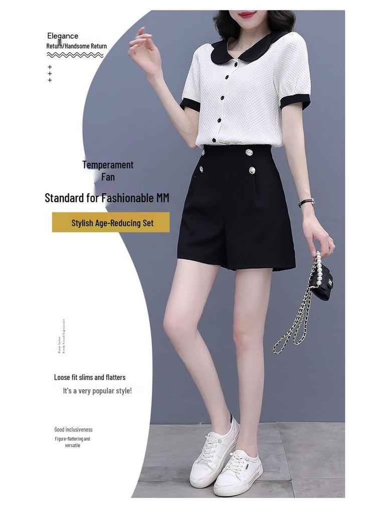 Women's Summer Color Block Doll Collar Two-Piece Set: Short Sleeve Top & Shorts