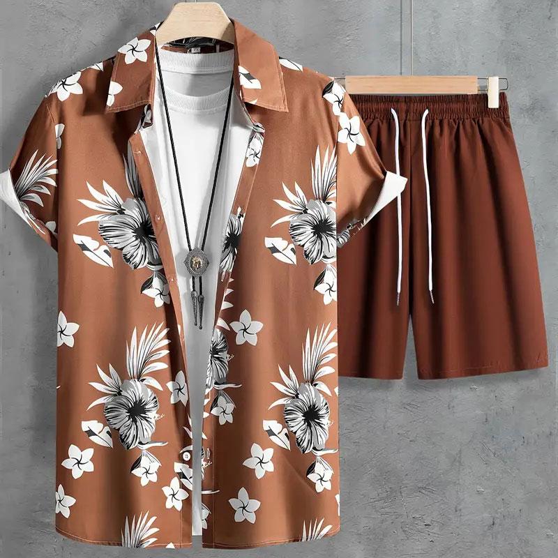 Hawaiis Neues Klassisches Herren Freizeithemd Bedrucktes T-Shirt und Zweiteilige Shorts Sommer Outdoor Reiseaktivitätskleidung