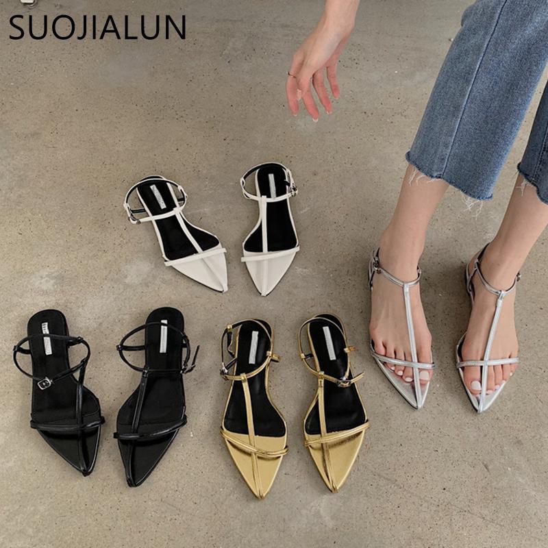 Fashion SUOJIALUN 2025 New Brand Women Sandal Fashion Narrow Band Flat Heel Ladies Gladiator Shoes Pointed Toe Ankle Buckle Zapatos Muje