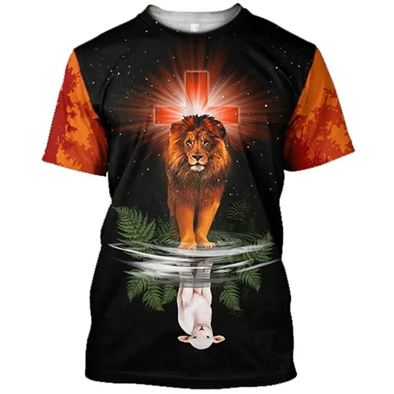 Löwe Jesus Muster T-Shirt Für Männer Retro Rundhals Kurze Ärmel Oberteile 3D Gedrucktes Christliches T-Shirt Sommer Locker T-Shirts