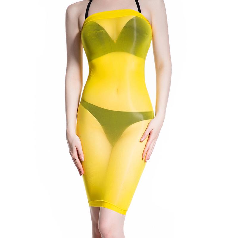 Qinghe 912 8D Sheer Oily Stockings with Tube Top Dress, Tight Mini Skirt Cheongsam, and Ultra-thin Transparent Design