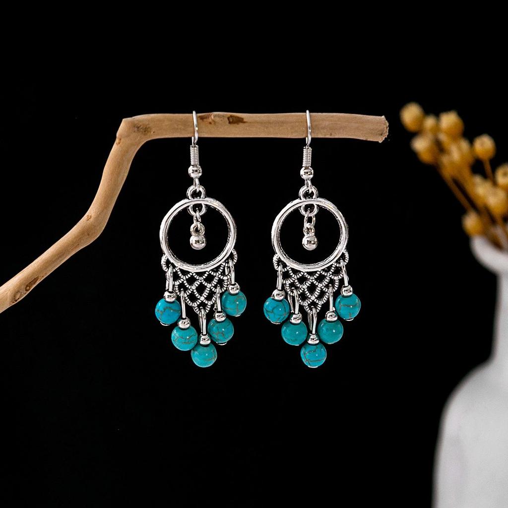 Retro Ethnic Blue Turquoise Owl & Tassel Earrings