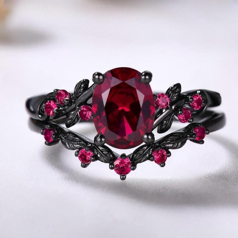 Europa, America, Coppia di Anelli da Donna Fashion Nero Opaco, Incastonati con Pietra Preziosa Rubino Scuro
