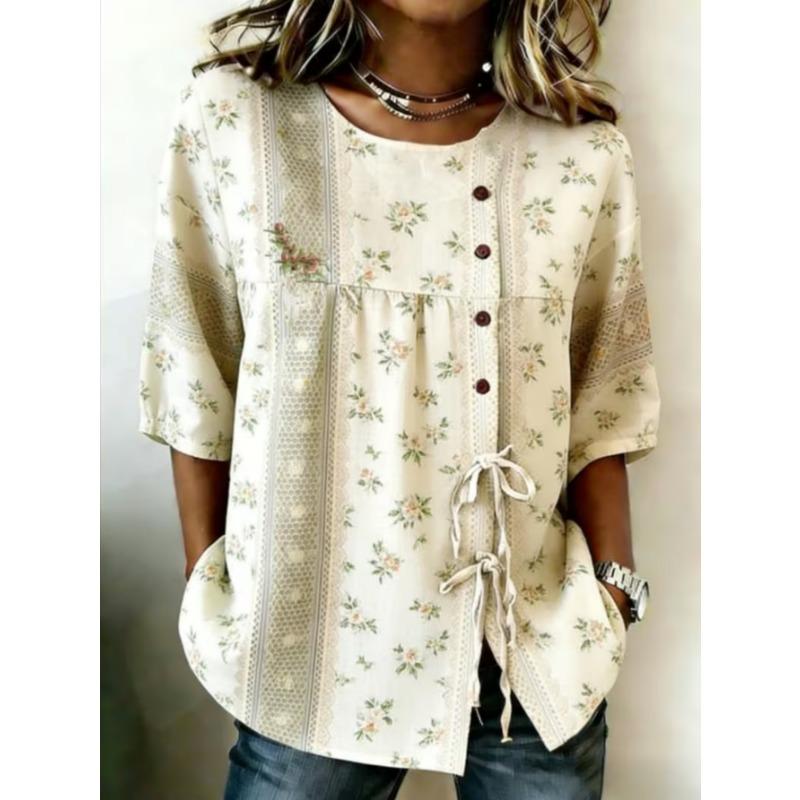 Women's printed lace-up short-sleeved blouse, fashionable and versatile, comfortable and skin-friendly, machine washable.