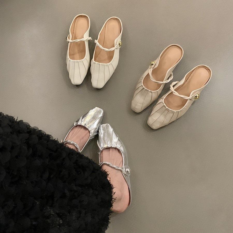 Flat-bottomed French Bag Head, Half Slippers, Fairy Shoes, Outer Wear 2025 New Summer Niche Silver Mary Jane Sandals