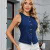 Women's Round Neck Sleeveless Vest Slim Fit Street Style Denim Top Button Front Sleeveless Blouse
