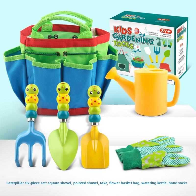 Kids Gardening Tool Set 6Pcs Caterpillar Handle Shovel Rake Watering Can Storage Bag Gloves