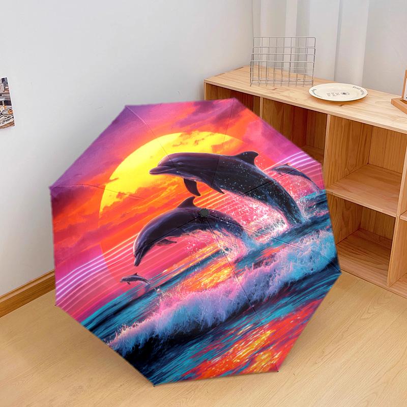 1 Pezzo Ombrello Pieghevole Automatico - Fantasia Delfini, Design Portatile e Pieghevole con 8 Stecche, Regali di Natale e Compleanno