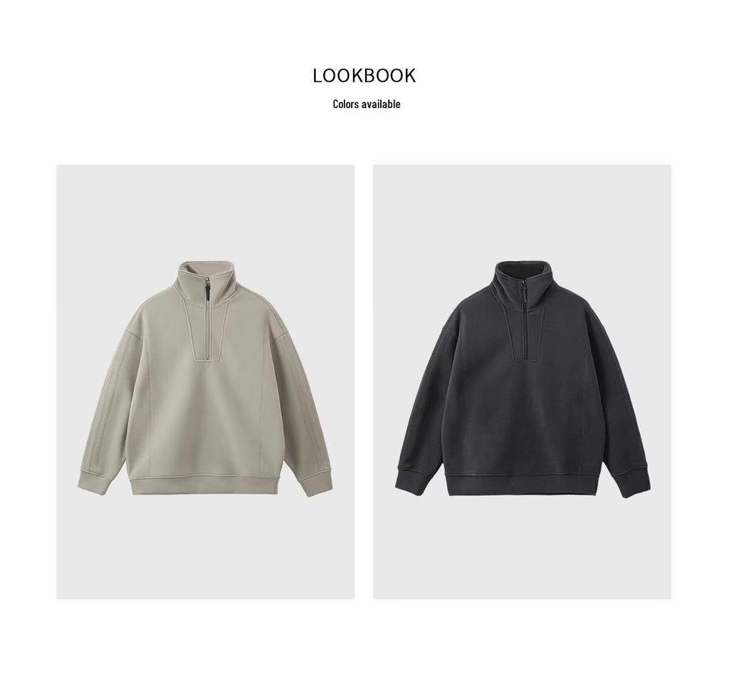 Hong Kong Style Solid Color Fleece Half-Zip Polo Shirt - Men's Retro Loose Casual Hoodie