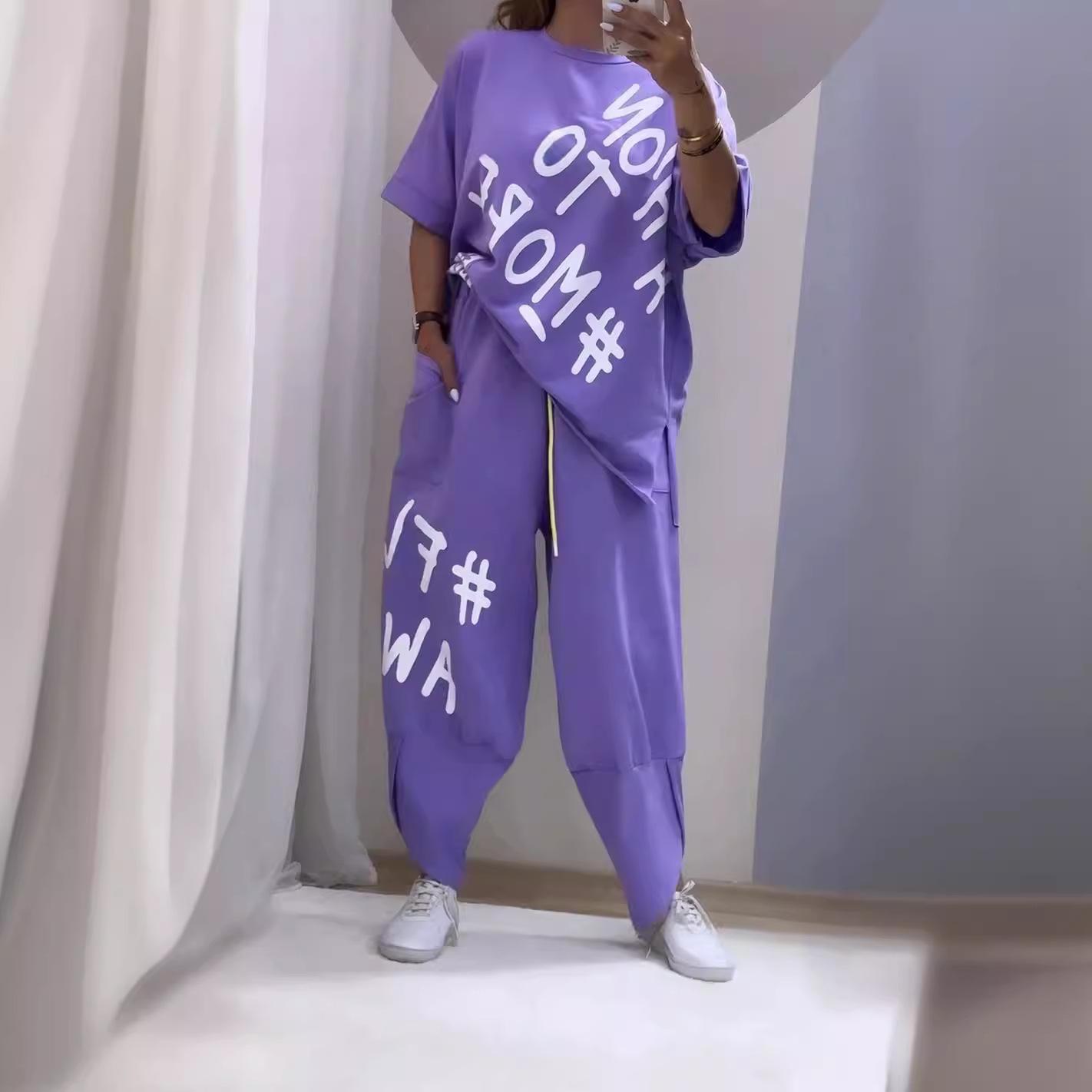 

Женский летний комплект из двух предметов свободного покроя с круглым вырезом и коротким рукавом и широкими штанинами XXS