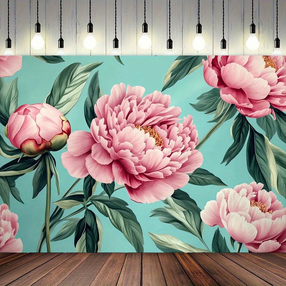 2D plane bright pink peony background cloth on green cyan background suitable for living room bedroom polyester fiber