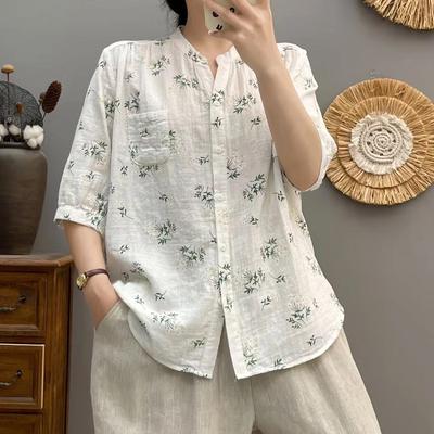 Chemisier d'été en fil de coton double couche à pois, chemise florale, grande taille, chemises à manches moyennes, haut décontracté à la mode, vêtements pour femmes