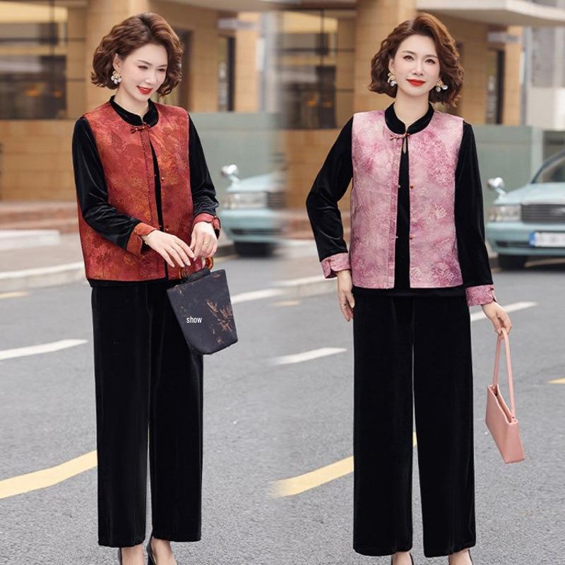 Mom's 2026 New Style Spring Autumn Velvet Tang Suit Shawl Jacket for Middle-aged Women