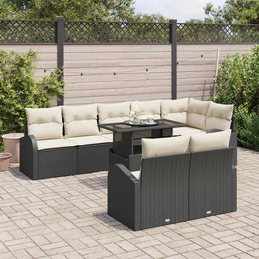 9 Piece Garden Sofa Set with Storage Black and Cream Poly Rattan